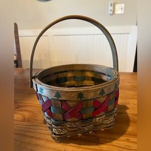 Vintage Hand Painted Woven Christmas Basket with Hinged Handle
